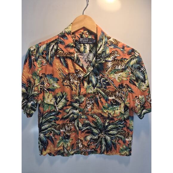 Ralph Lauren Rare Tiger Aloha Shirt Hawaiian Shirt Cotton Size S Tiger Print